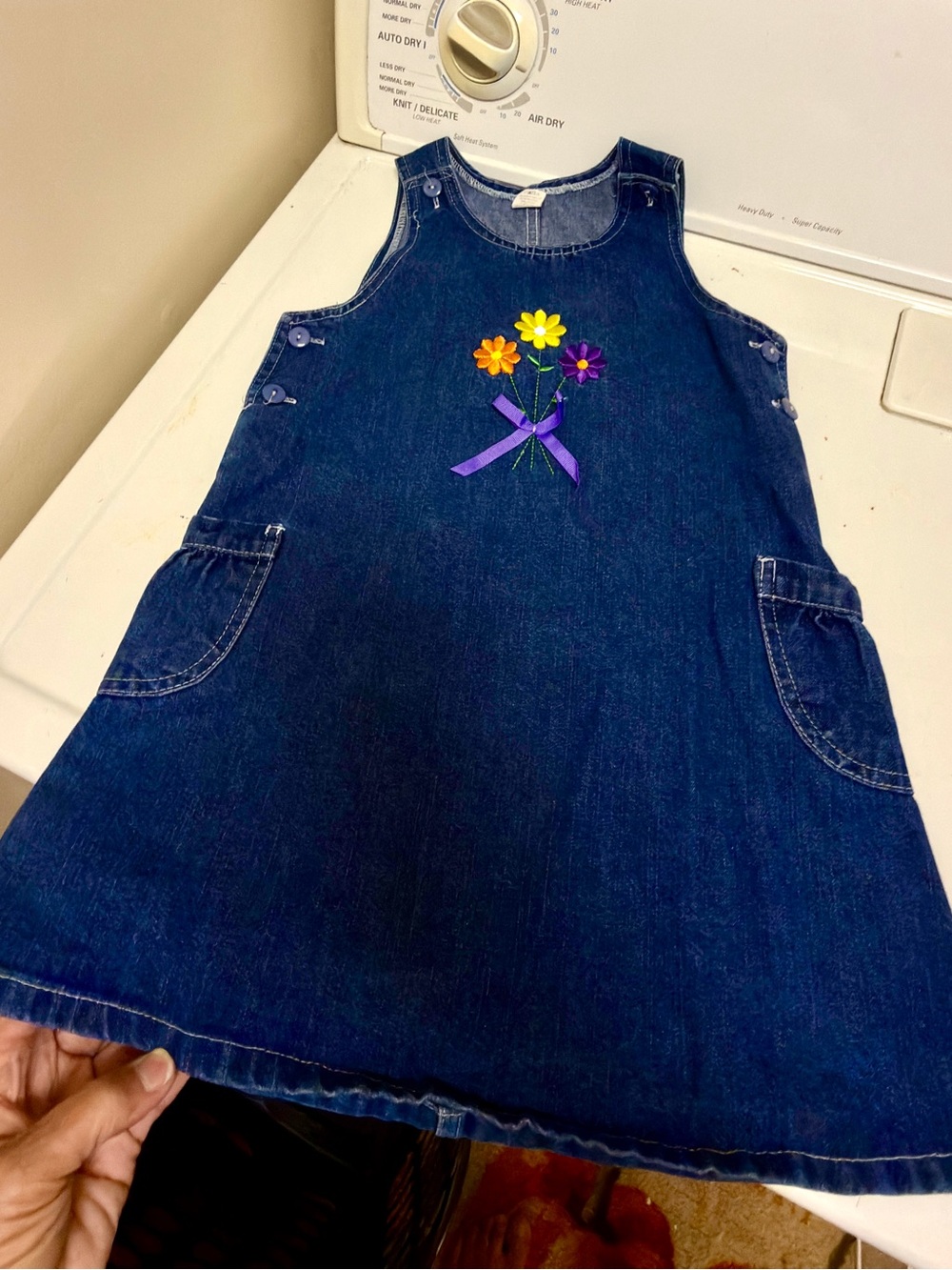 Cute Girl's Navy Denim Dress with Floral Ribbon Accent